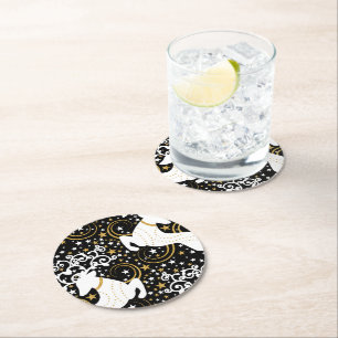 Blooming Golden Christmas Floral Deer Round Paper Coaster