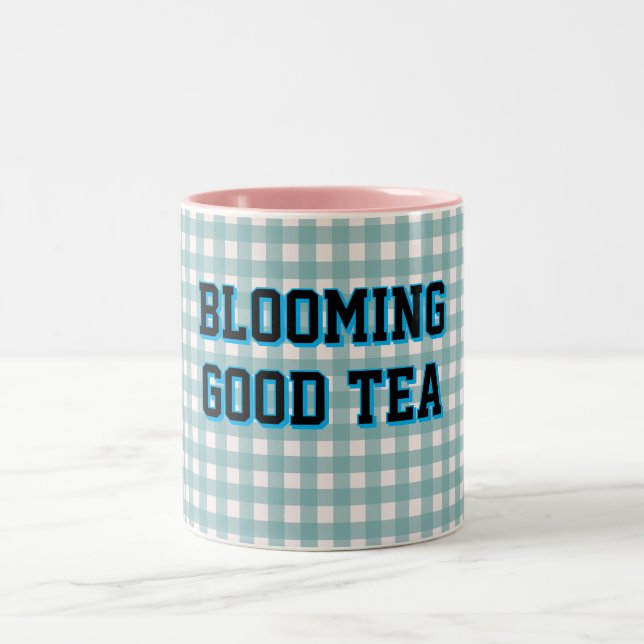 BLOOMING GOOD TEA Blue Gingham background Two-Tone Coffee Mug (Center)