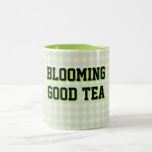 BLOOMING GOOD TEA Green Gingham background Two-Tone Coffee Mug