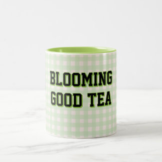 BLOOMING GOOD TEA Green Gingham background Two-Tone Coffee Mug