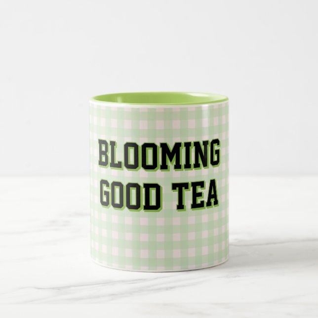 BLOOMING GOOD TEA Green Gingham background Two-Tone Coffee Mug (Center)