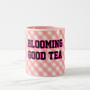 BLOOMING GOOD TEA Pink Gingham background Two-Tone Coffee Mug