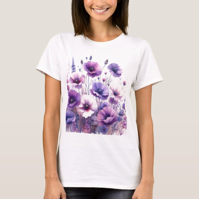 Blooming Hibiscus Purple Floral T-Shirt (Front)