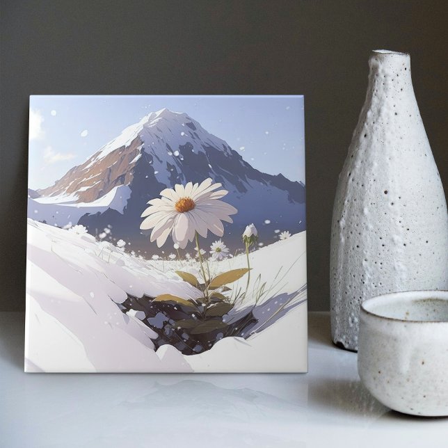 Blooming in Adversity A Snowy Mountain Daisy Ceramic Tile (Creator Uploaded)