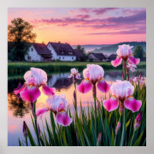Blooming Irises by a Tranquil Lake at Sunset