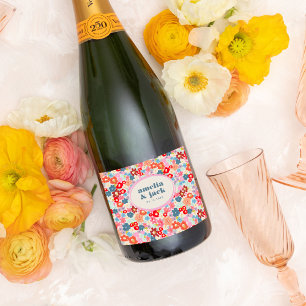 Blooming Joy Bold Bright Floral Maximalist Wedding Wine Label