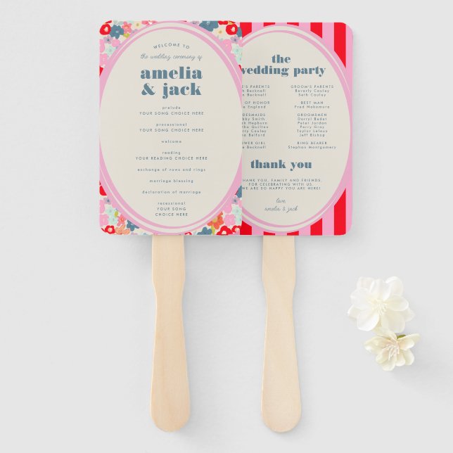 Blooming Joy Bold Bright Floral Wedding Program Hand Fan (Front and Back)