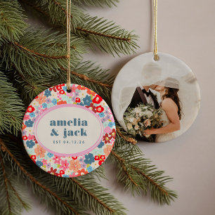 Blooming Joy Bright Bold Floral Wedding Date Photo Ceramic Ornament