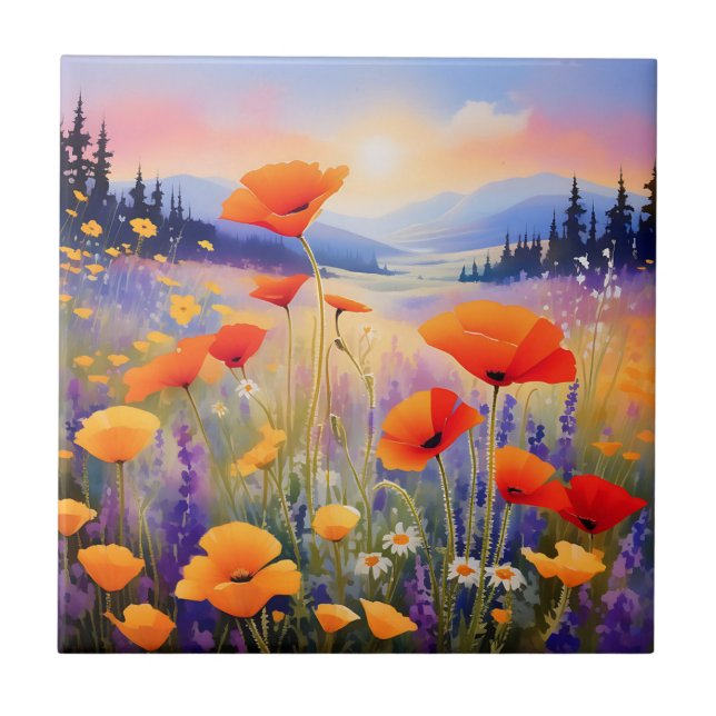 Blooming Landscape Wildflowers in Watercolor Ceramic Tile (Front)