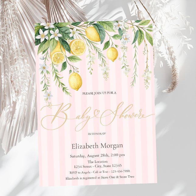  Blooming Lemons Pink Striped Baby Shower Invitation (Creator Uploaded)