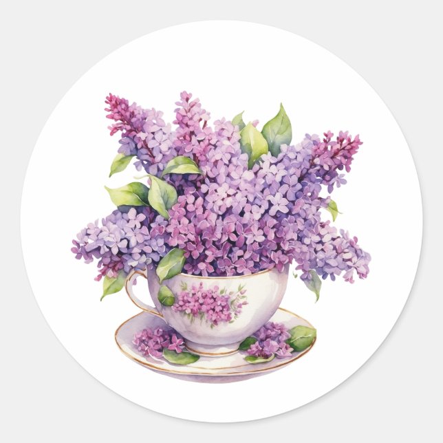 Blooming Lilac Flowers in a Teacup Classic Round Sticker (Front)