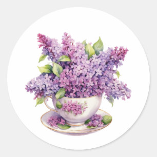 Blooming Lilac Flowers in a Teacup Classic Round Sticker