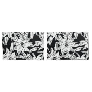 Blooming Lilies in Black and White Pillowcase