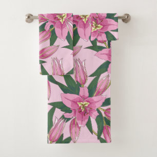 Blooming Lilies in Pastel Pink Duvet Cover Bath Towel Set