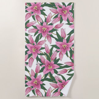 Blooming Lilies in Pastel Pink on White Beach Towel