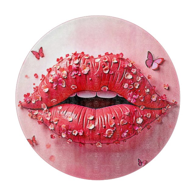 Blooming Lips: Floral Butterfly Kiss Cutting Board (Front)