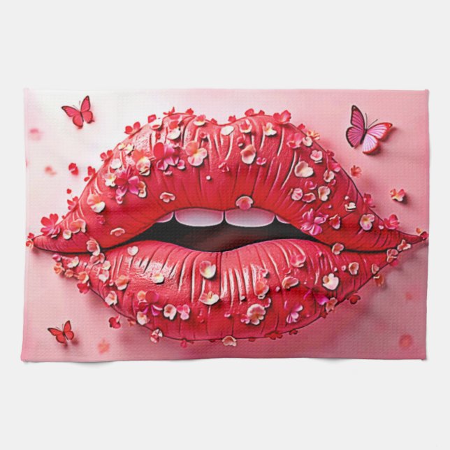Blooming Lips: Floral Butterfly Kiss Tea Towel (Horizontal)