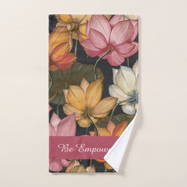 Blooming Lotus Water Lilies on Black Exercise Hand Towel (Hand Towel)