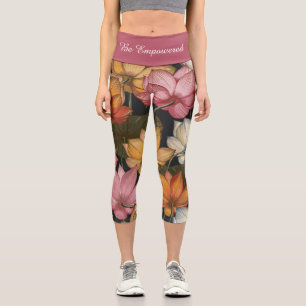 Blooming Lotus Water Lilies on Charcoal Black Capr Capri Leggings