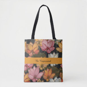 Blooming Lotus Water Lilies on Charcoal Black Tote Bag