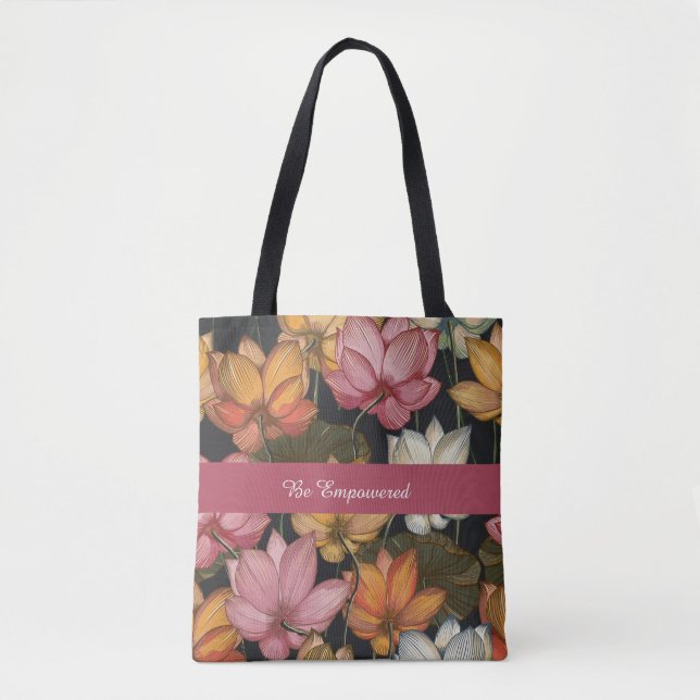 Blooming Lotus Water Lilies on Charcoal Black Tote Bag (Front)