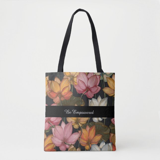 Blooming Lotus Water Lilies on Charcoal Black Tote Bag (Front)