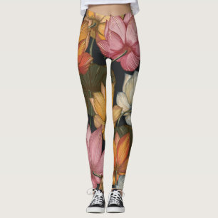 Blooming Lotus Water Lilies Pink Yellow on Black Leggings