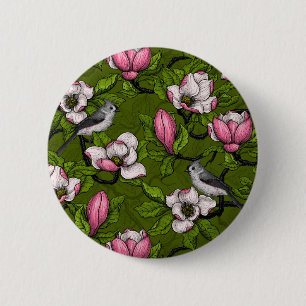 Blooming magnolia and titmouse bird 2 6 cm round badge