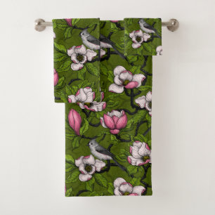 Blooming magnolia and titmouse bird 2 bath towel set