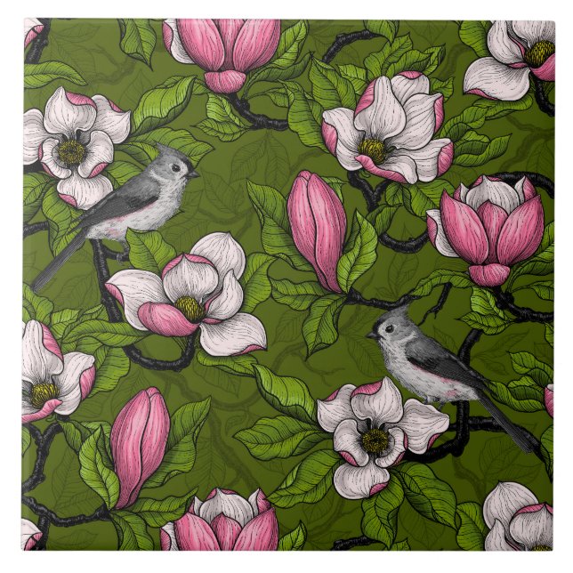 Blooming magnolia and titmouse bird 2 ceramic tile (Front)