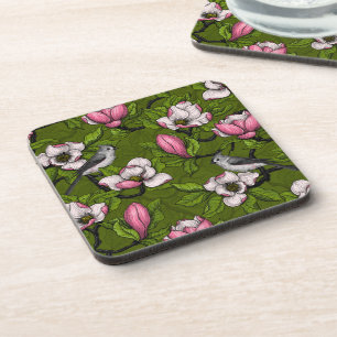 Blooming magnolia and titmouse bird 2 coaster