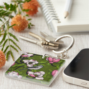 Blooming magnolia and titmouse bird 2 key ring