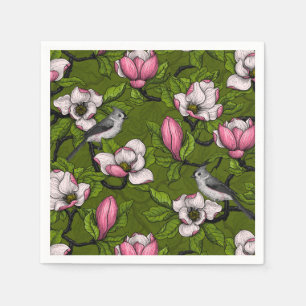 Blooming magnolia and titmouse bird 2 napkin