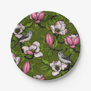 Blooming magnolia and titmouse bird 2 paper plate