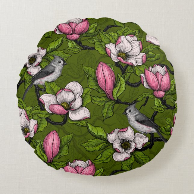 Blooming magnolia and titmouse bird 2 round cushion (Front)