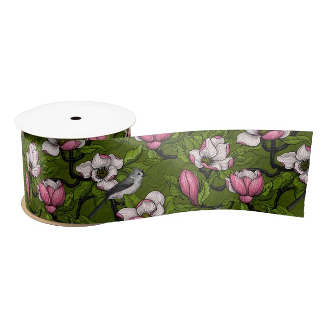 Blooming magnolia and titmouse bird 2 satin ribbon (Spool)