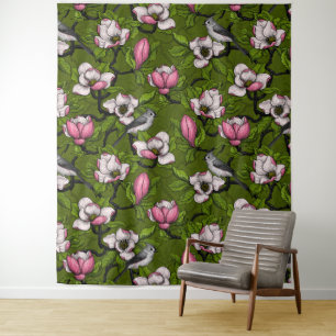 Blooming magnolia and titmouse bird 2 tapestry
