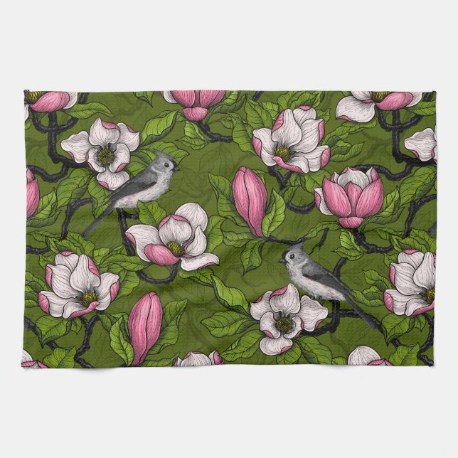 Blooming magnolia and titmouse bird 2 tea towel (Horizontal)