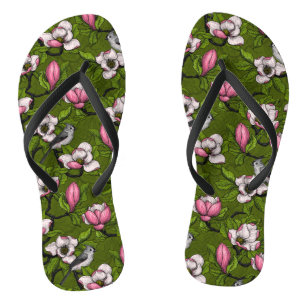 Blooming magnolia and titmouse bird 2 thongs
