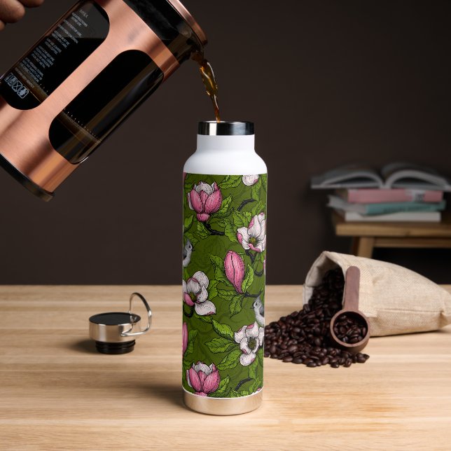 Blooming magnolia and titmouse bird 2 water bottle (Coffee)