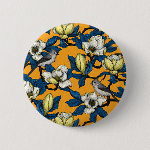 Blooming magnolia and titmouse bird 3 6 cm round badge