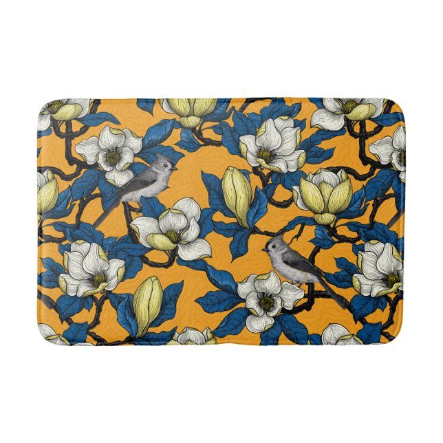 Blooming magnolia and titmouse bird 3 bath mat (Front)