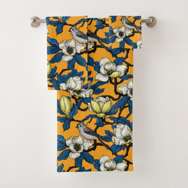 Blooming magnolia and titmouse bird 3 bath towel set (Insitu)