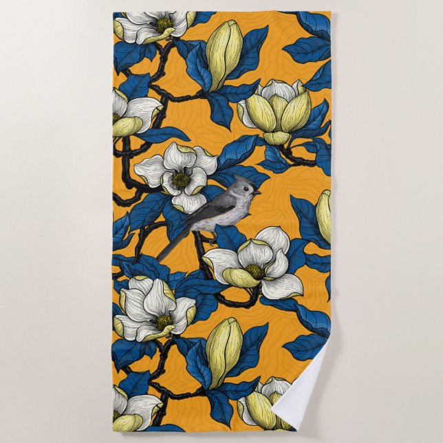 Blooming magnolia and titmouse bird 3 beach towel (Front)