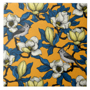 Blooming magnolia and titmouse bird 3 ceramic tile
