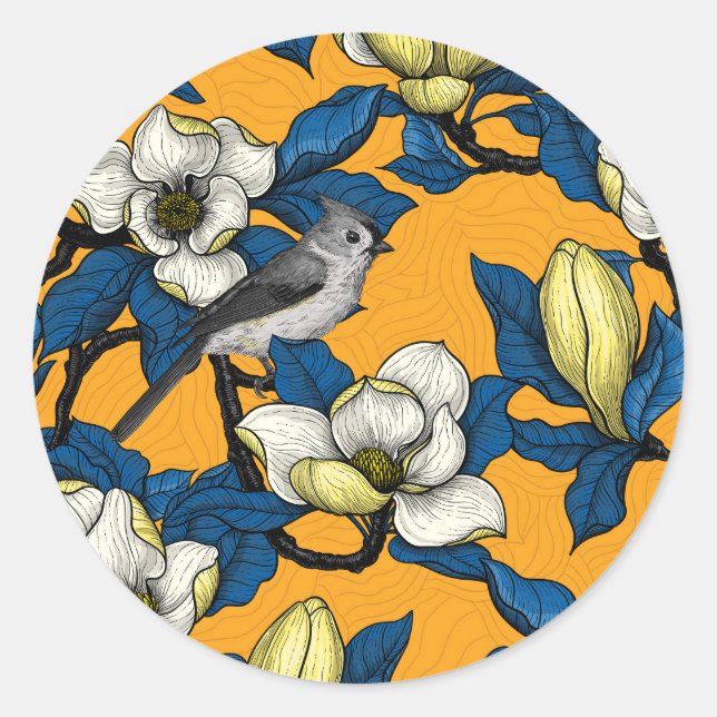 Blooming magnolia and titmouse bird 3 classic round sticker (Front)