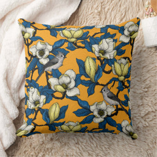 Blooming magnolia and titmouse bird 3 cushion