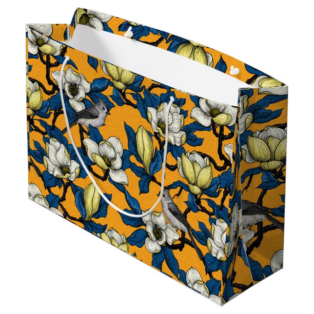 Blooming magnolia and titmouse bird 3 large gift bag (Back Angled)