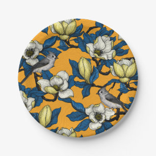 Blooming magnolia and titmouse bird 3 paper plate