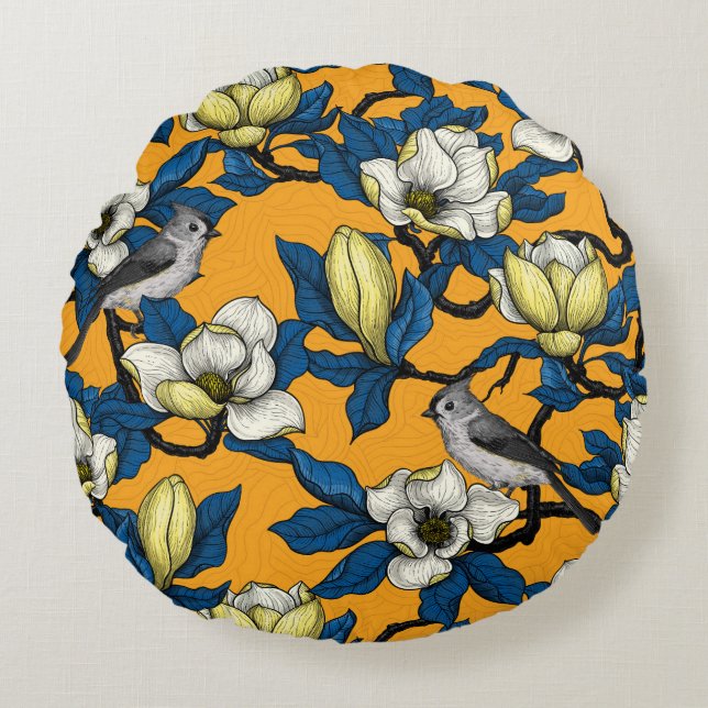 Blooming magnolia and titmouse bird 3 round cushion (Front)
